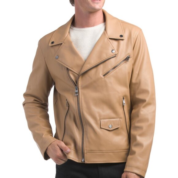 NEW GUESS Faux Leather Moto Jacket stone FOR MEN 462tn - Picture 1 of 5